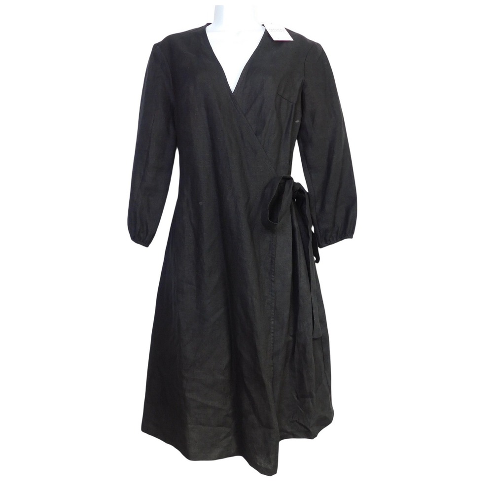 Sandara Winona Black 100% Linen Wrap Dress Long Sleeve Handmade XS NWT